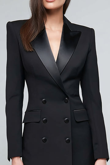 Robe de travail midi en satin noir à revers en pointe